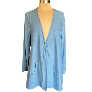 PureJill Cotton Cashmere Blue Cardigan Snap Front Pockets Sz LARGE Fall Casual